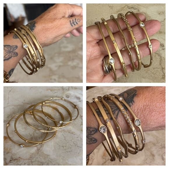 Lia Sophia Bangles Set - 5 Brushed Gold-tone & Crystals Bracelets - Picture 1 of 10